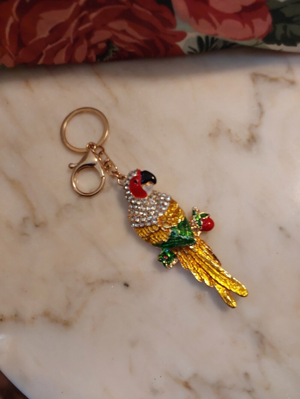 NWOT Parrot With Rhinestones Bag Charm, Large Goldtone Key Chain